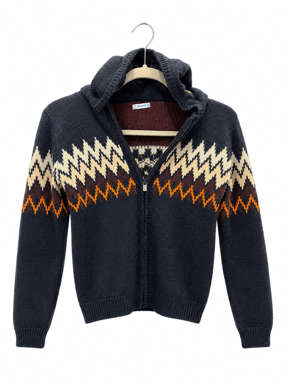 Mayoral Navy Hooded Zip Sweater with Cream and Rust Fair Isle